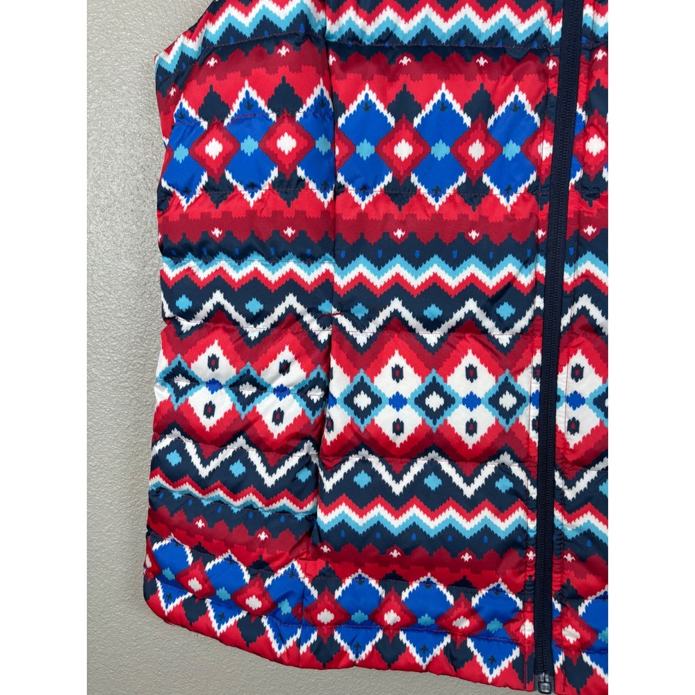 Lands' End Down Puffer Vest Womens L Tall Red Blue White Geometric Aztec Pattern - Picture 2 of 9